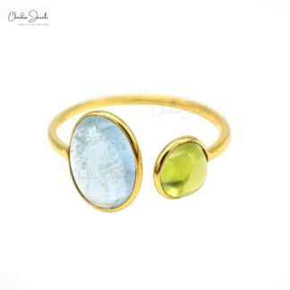 Real 14k Yellow Gold 2 Stone Ring With 10x8mm Aquamarine And Peridot Open Cuff Women Rings