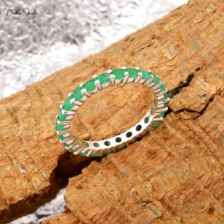 Brilliant Cut Dainty Band With 2.5mm Emerald Gemstone Eternity Ring In 14k White Gold