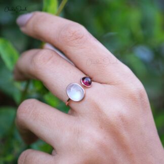 Open Cuff Rainbow Moonstone Ring With 6mm Rhodolite Garnet 14k Rose Gold 2 Stone Rings