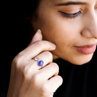 Open Cuff 2 Stone Ring With 10x8mm Tanzanite And Aquamarine 14k Rose Gold Bezel Set Rings