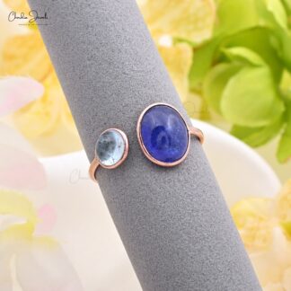 Open Cuff 2 Stone Ring With 10x8mm Tanzanite And Aquamarine 14k Rose Gold Bezel Set Rings