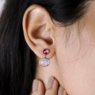 Dangle Pink Tourmaline Earring In 14k Pure Rose Gold Moonstone 2 Stone Earrings For Her
