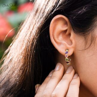 Pure 14k Yellow Gold Rainbow Hoops With 4.63 Ct Multi Gemstone Push Back Hallmark Earrings