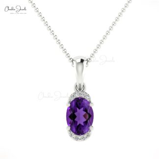 Real 14k White Gold Half Halo Charm With 0.72 Ct Amethyst And Diamond Dangling Pendant