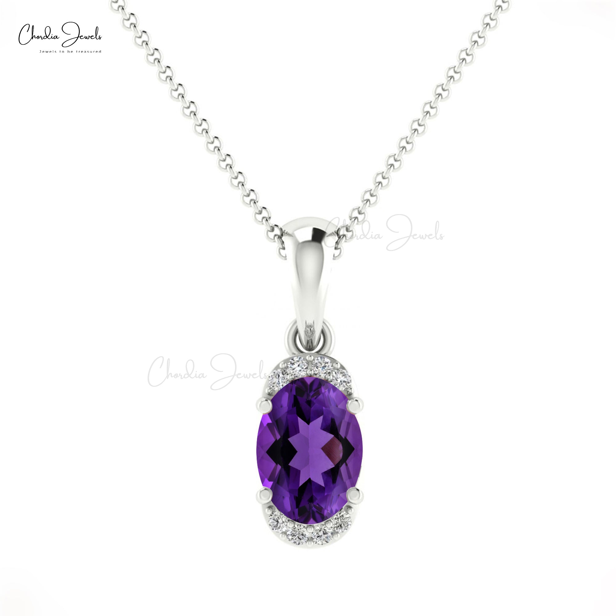 Real 14k White Gold Half Halo Charm With 0.72 Ct Amethyst And Diamond Dangling Pendant