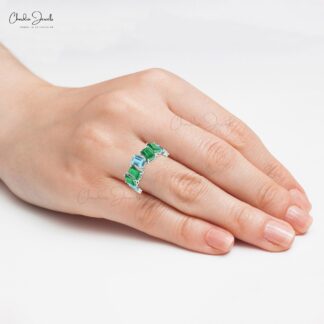 Seven Stone Stack Band In 14k Pure Gold Aquamarine 7x5mm Emerald And Diamond Ring