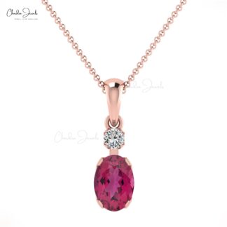 Dual Birthstone Pendant With 7x5mm Pink Tourmaline And Diamond 14k Rose Gold Necklace