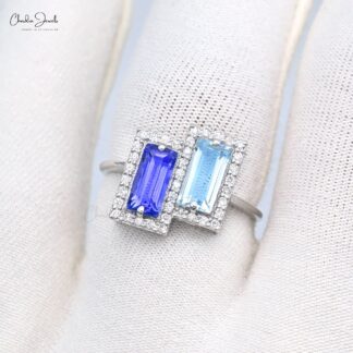 Double Halo Tanzanite & Aquamarine Ring With 14k White Gold Diamond Accents Ring Size US7