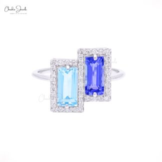 Double Halo Tanzanite & Aquamarine Ring With 14k White Gold Diamond Accents Ring Size US7