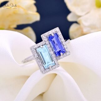Double Halo Tanzanite & Aquamarine Ring With 14k White Gold Diamond Accents Ring Size US7