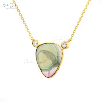 Diamond Accented Chain Necklace With 2.3 Ct Bio Tourmaline 14k Yellow Gold Women Necklaces