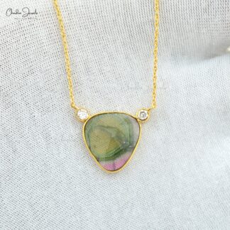 Diamond Accented Chain Necklace With 2.3 Ct Bio Tourmaline 14k Yellow Gold Women Necklaces