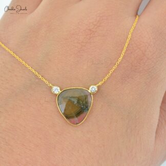 Diamond Accented Chain Necklace With 2.3 Ct Bio Tourmaline 14k Yellow Gold Women Necklaces
