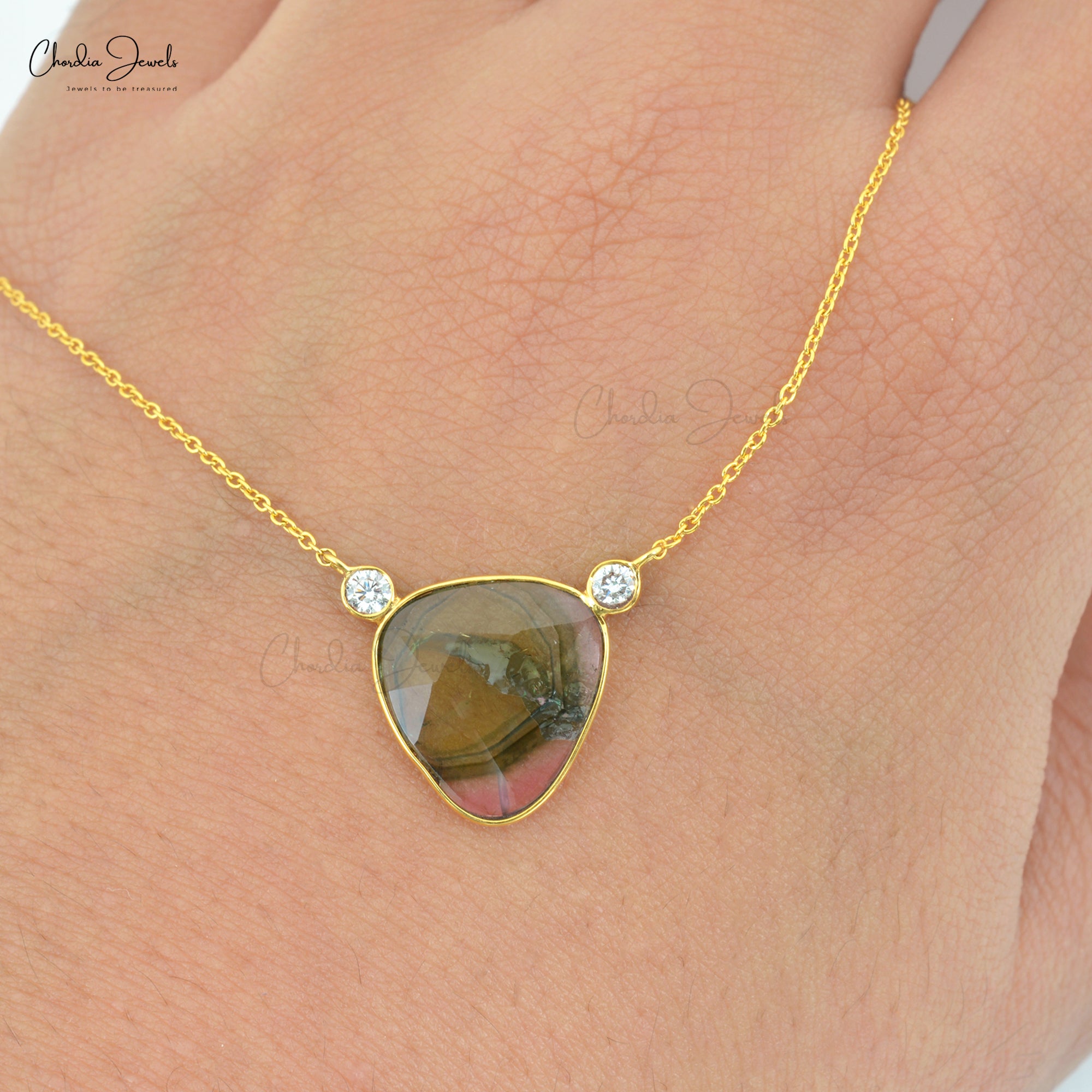 Diamond Accented Chain Necklace With 2.3 Ct Bio Tourmaline 14k Yellow Gold Women Necklaces
