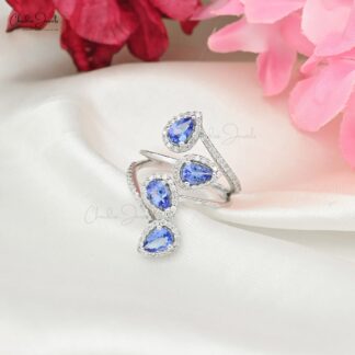Cocktail Multi Halo Ring In 14k Real White Gold Tanzanite 6x4mm And Diamond Wedding Rings