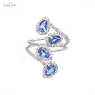Cocktail Multi Halo Ring In 14k Real White Gold Tanzanite 6x4mm And Diamond Wedding Rings