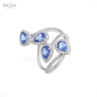 Cocktail Multi Halo Ring In 14k Real White Gold Tanzanite 6x4mm And Diamond Wedding Rings