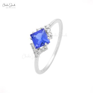 Statement 5mm Square Blue Tanzanite With Solid 14k White Gold Diamond Rings Size 7