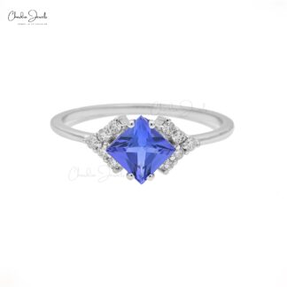 Statement 5mm Square Blue Tanzanite With Solid 14k White Gold Diamond Rings Size 7