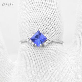 Statement 5mm Square Blue Tanzanite With Solid 14k White Gold Diamond Rings Size 7