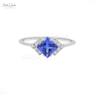 Statement 5mm Square Blue Tanzanite With Solid 14k White Gold Diamond Rings Size 7
