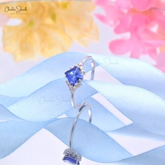 Statement 5mm Square Blue Tanzanite With Solid 14k White Gold Diamond Rings Size 7