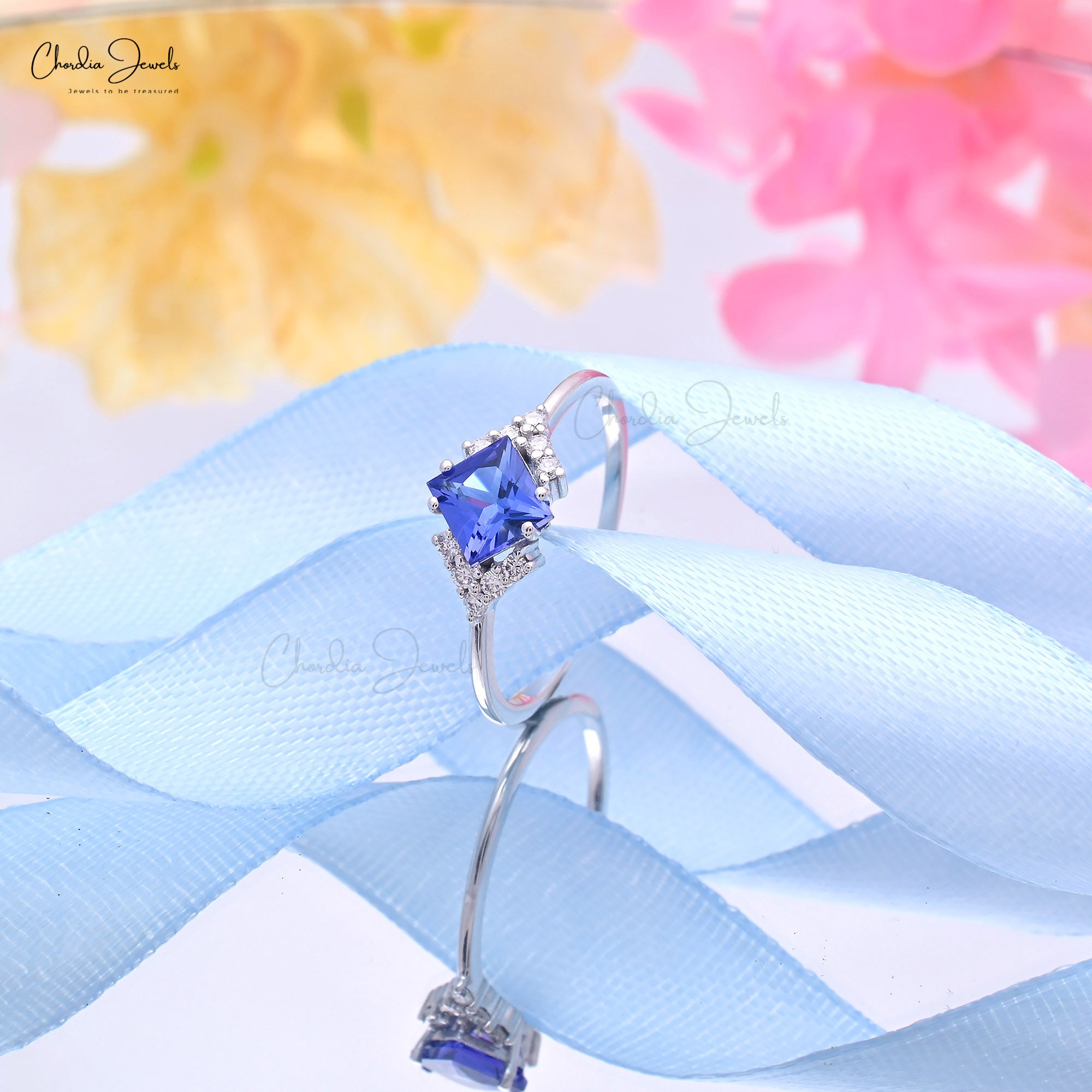 Statement 5mm Square Blue Tanzanite With Solid 14k White Gold Diamond Rings Size 7