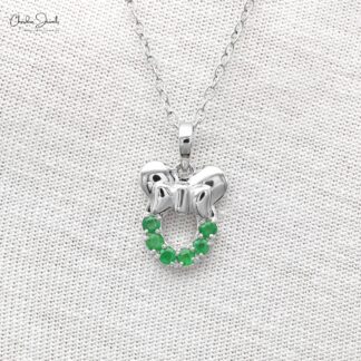 Natural Emerald Mickey Mouse Pendant In 14k Solid White Gold Gemstone 2mm Round Jewelry