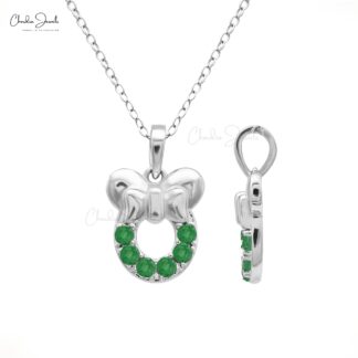 Natural Emerald Mickey Mouse Pendant In 14k Solid White Gold Gemstone 2mm Round Jewelry