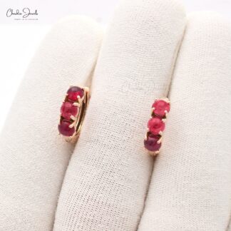 Trio Gemstone Huggies With 4mm Pink Tourmaline Latch Back Hoops Earrings In 14k Rose Gold
