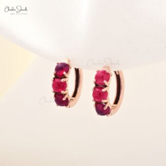 Trio Gemstone Huggies With 4mm Pink Tourmaline Latch Back Hoops Earrings In 14k Rose Gold