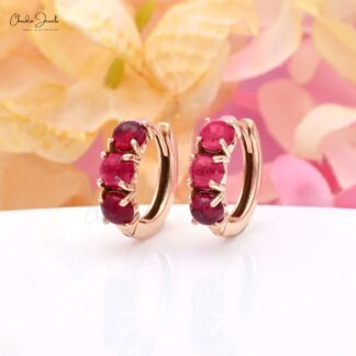 Trio Gemstone Huggies With 4mm Pink Tourmaline Latch Back Hoops Earrings In 14k Rose Gold