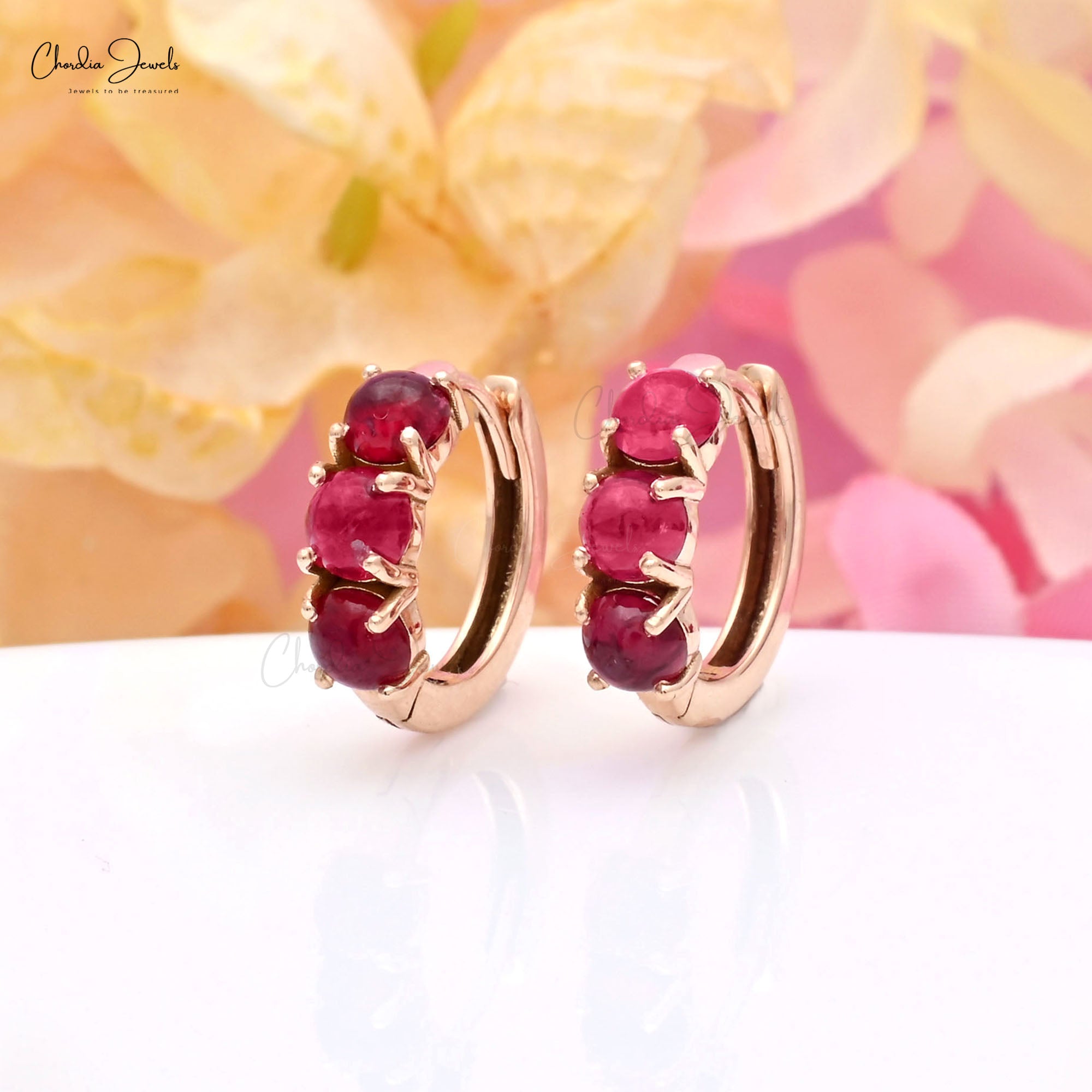 Trio Gemstone Huggies With 4mm Pink Tourmaline Latch Back Hoops Earrings In 14k Rose Gold