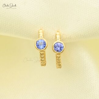 Bezel Set Gemstone Earrings In 14k Real Yellow Gold Tanzanite Solitaire Huggies Hoops