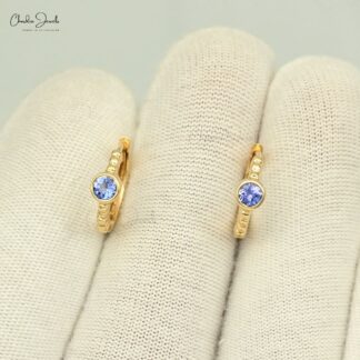 Bezel Set Gemstone Earrings In 14k Real Yellow Gold Tanzanite Solitaire Huggies Hoops