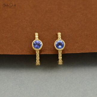Bezel Set Gemstone Earrings In 14k Real Yellow Gold Tanzanite Solitaire Huggies Hoops