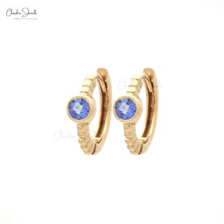 Bezel Set Gemstone Earrings In 14k Real Yellow Gold Tanzanite Solitaire Huggies Hoops