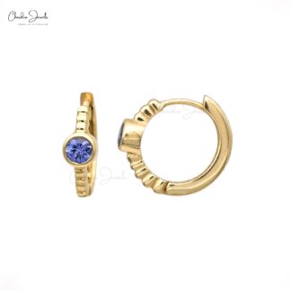 Bezel Set Gemstone Earrings In 14k Real Yellow Gold Tanzanite Solitaire Huggies Hoops