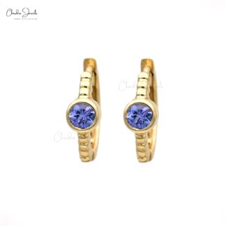 Bezel Set Gemstone Earrings In 14k Real Yellow Gold Tanzanite Solitaire Huggies Hoops