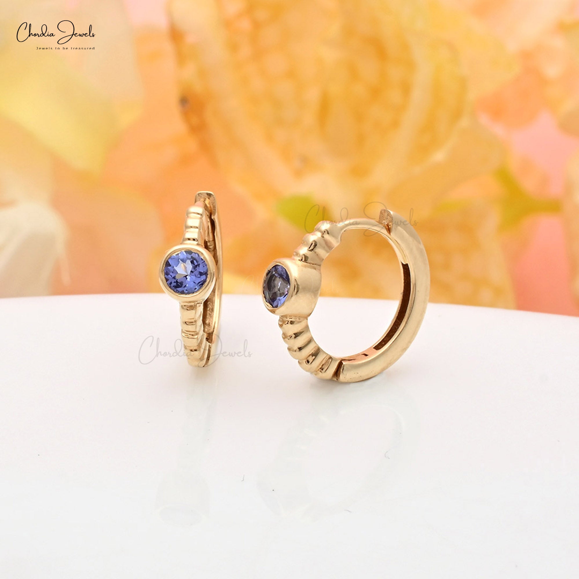 Bezel Set Gemstone Earrings In 14k Real Yellow Gold Tanzanite Solitaire Huggies Hoops