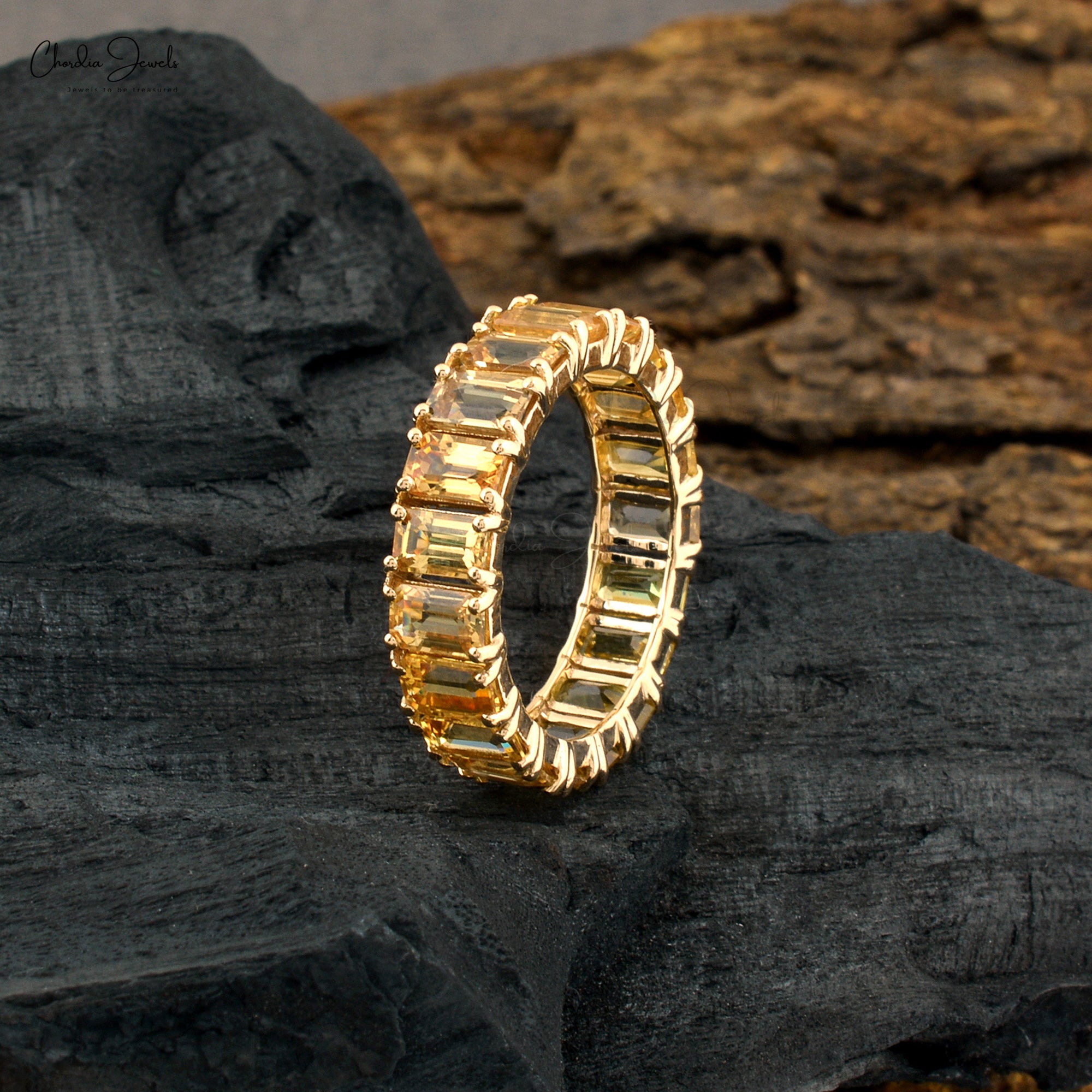 5.57Ct Octagon Citrine Eternity Wedding Band 14k Solid Yellow Gold Rings For Women