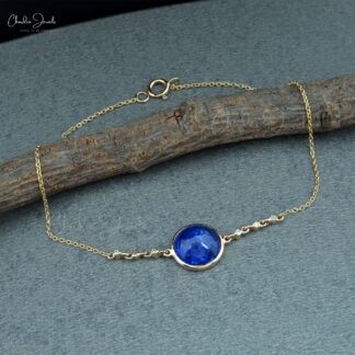 Real 14k Yellow Gold Bezel Set Bracelet With 10mm Tanzanite Diamond Chain Women Bracelets