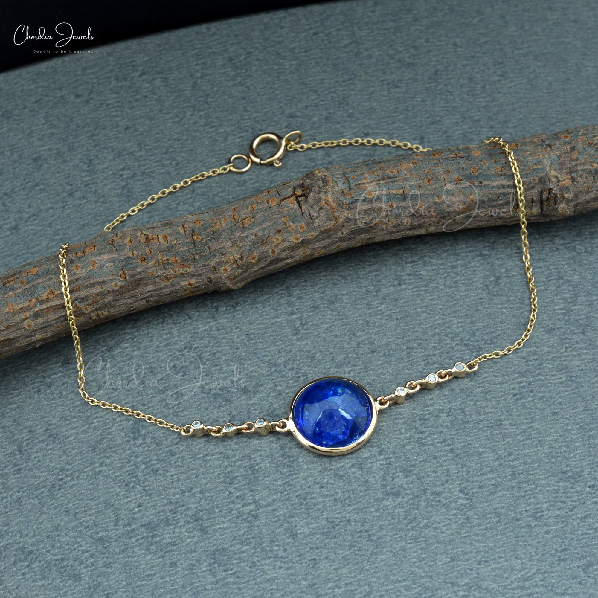 Real 14k Yellow Gold Bezel Set Bracelet With 10mm Tanzanite Diamond Chain Women Bracelets