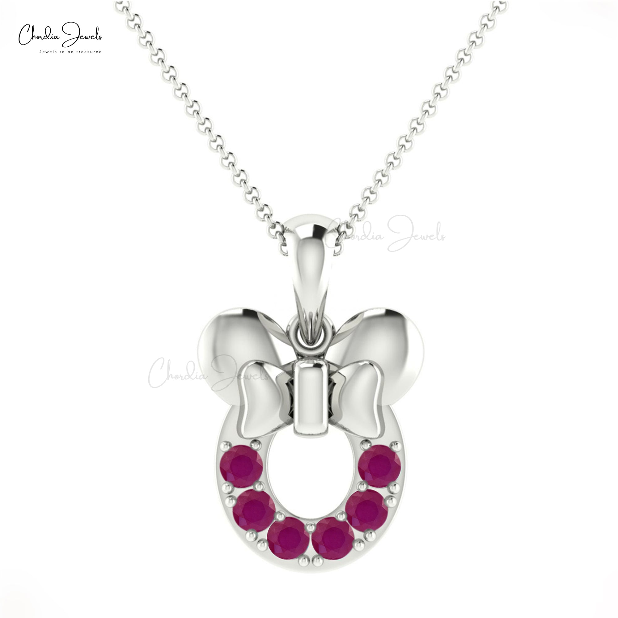 Round Cut Mickey Mouse Pendant With 2mm Burma Ruby Pave In 14k White Gold Kids Necklace