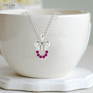 Round Cut Mickey Mouse Pendant With 2mm Burma Ruby Pave In 14k White Gold Kids Necklace