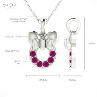 Round Cut Mickey Mouse Pendant With 2mm Burma Ruby Pave In 14k White Gold Kids Necklace