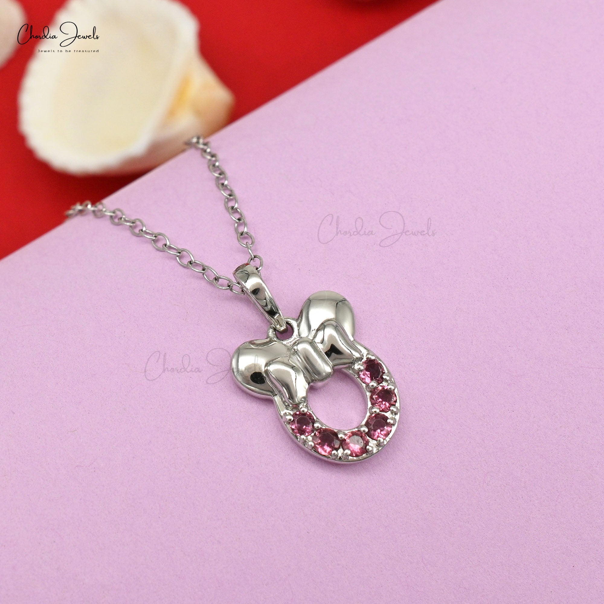 Round Cut Disneyworld Pendant With 0.3 Ct Pink Tourmaline 14k White Gold Kids Pendants