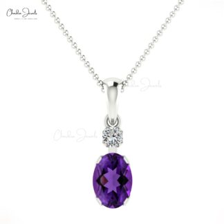 Dual Birthstone Pendant With 0.72 Ct Amethyst G-H Diamond Dangle Pendants In 14k White Gold