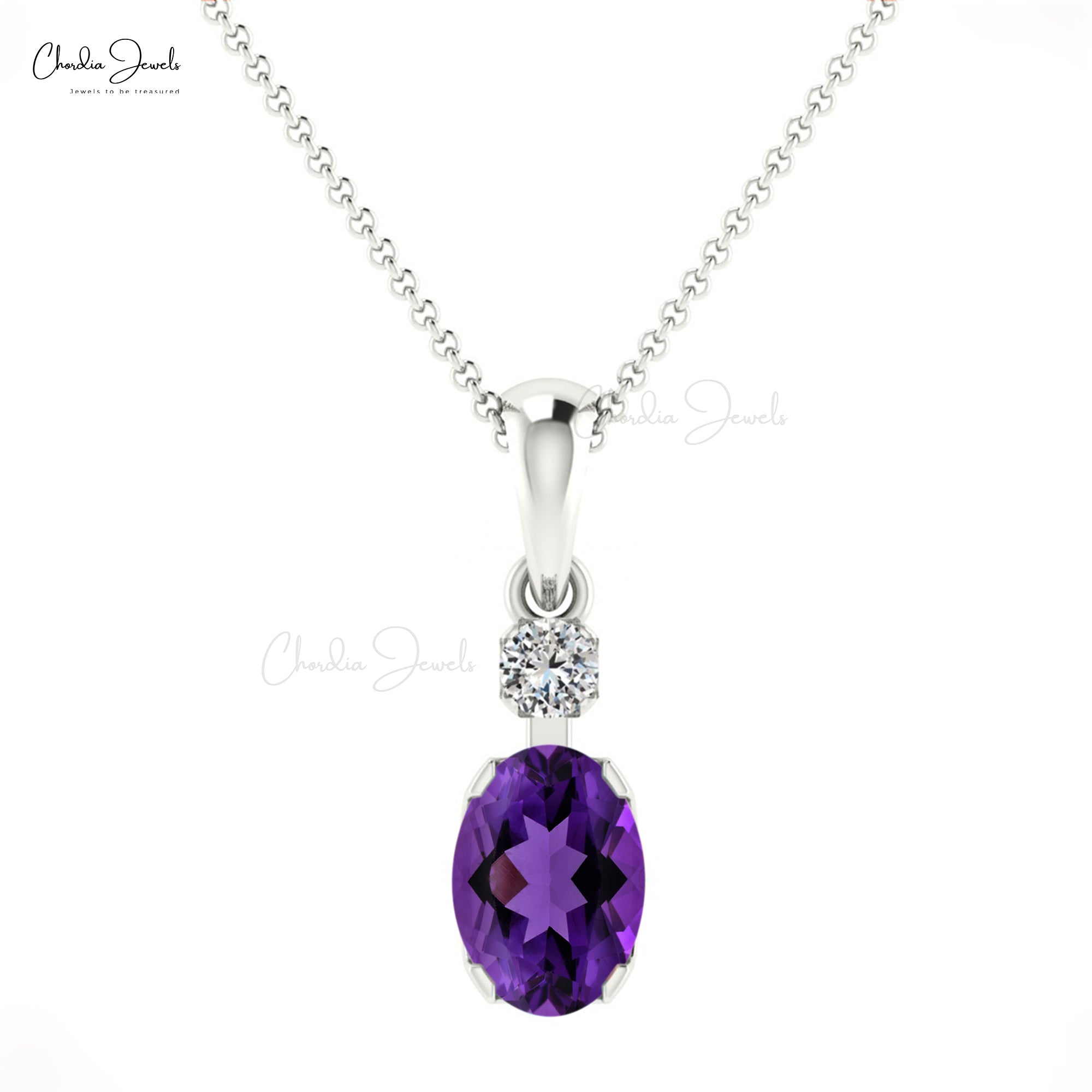 Dual Birthstone Pendant With 0.72 Ct Amethyst G-H Diamond Dangle Pendants In 14k White Gold