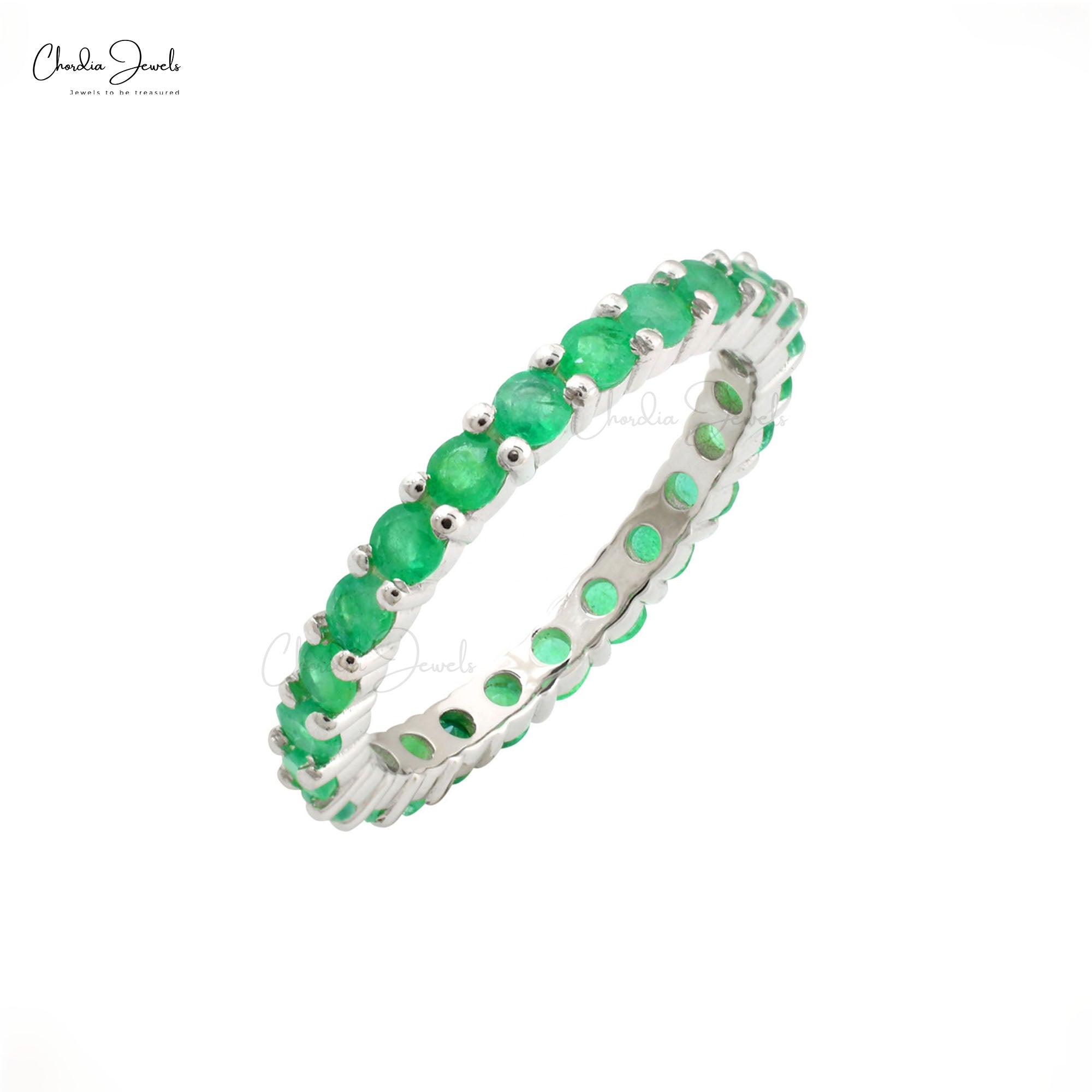 Round Cut Eternity Band With 2.5mm Emerald Gemstone Stack Bridal Ring In 14k white Gold